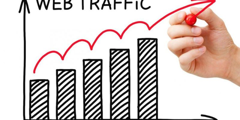 Picture of bar graph and internet marketer drawing a line showing web traffic going up.